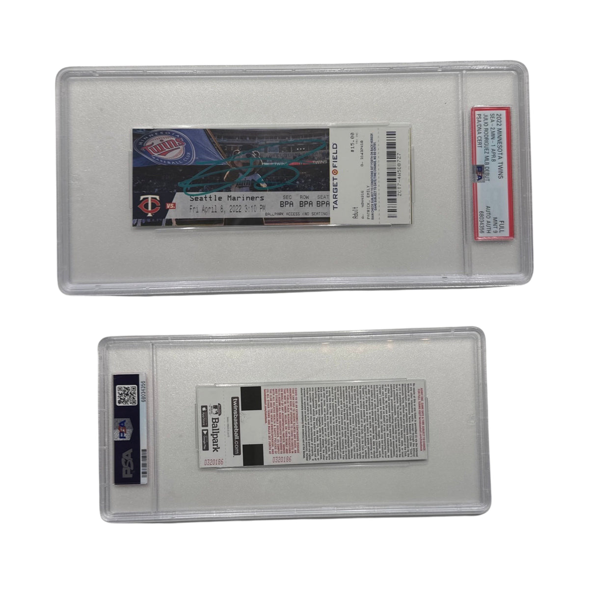 2022 Minnesota Twins Ticket Stub Sea -2, Min - 1 Apr. 8 Julio Rodriguez MLB Debut Mint 9 PSA Auto Authentic product image 1,