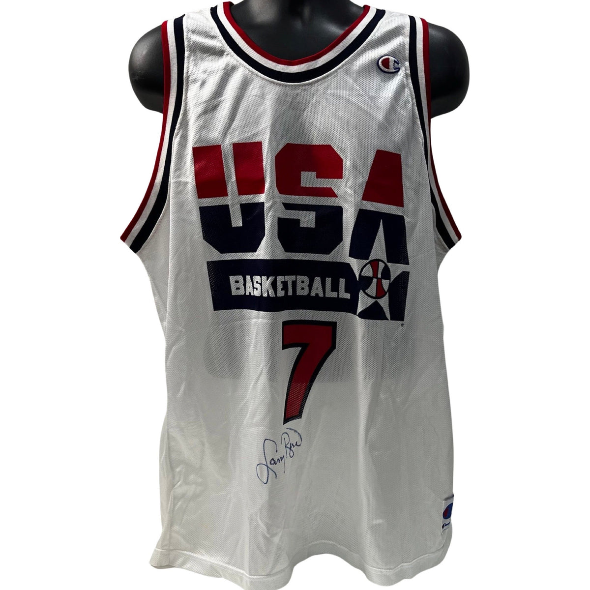 Larry Bird Autographed Boston Celtics Team USA White Champion Jersey Beckett product image 1, provided for visual reference