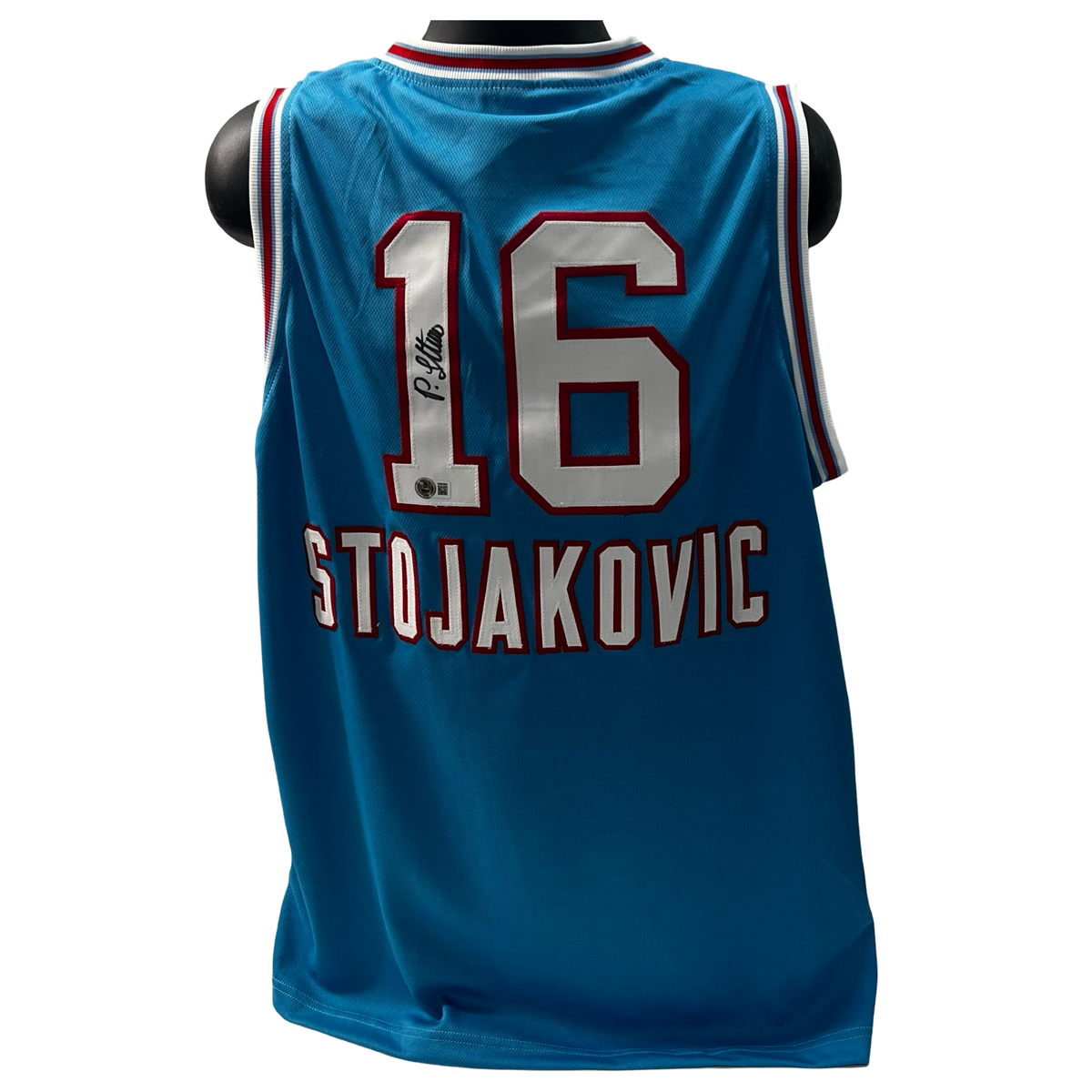 Peja Stojakovic Autographed Sacramento Kings Baby Blue Jersey Beckett product image 1, provided for visual reference and