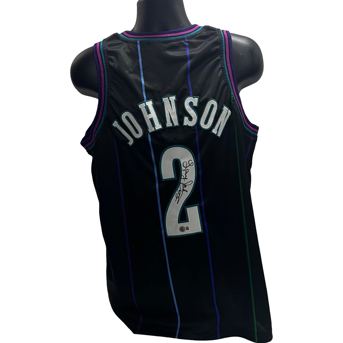 Larry Johnson Autographed Charlotte Hornets Black Pinstripe Jersey Beckett product image 1, provided for visual reference