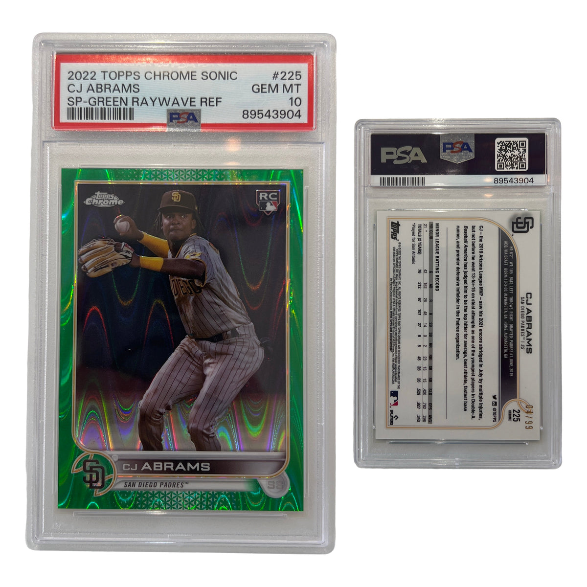 2022 CJ Abrams Topps Chrome Sonic SP Green Raywave Refractor /99 #225 PSA GEM MT 10 product image 1, provided for visual