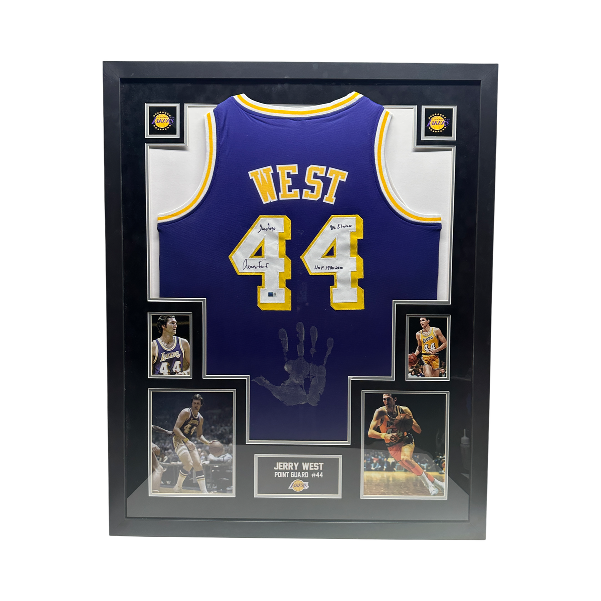 Jerry West Autographed Los Angeles Lakers Purple Jersey The Logo, Mr Clutch, HOF 1980-2010 Inscriptions with Handprint