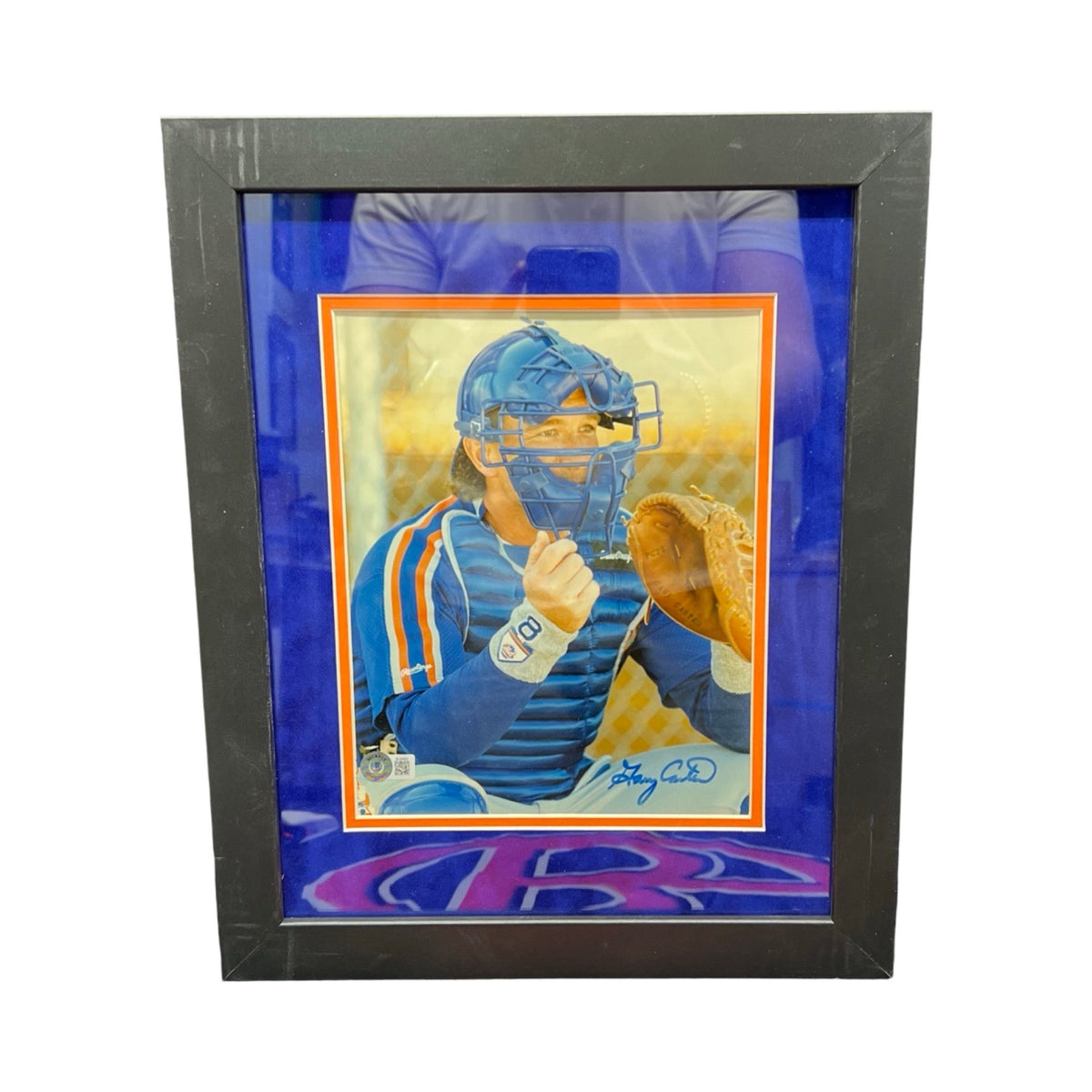 Gary Carter Autographed New York Mets Catching 8x10 Beckett - Framed product image 1, provided for visual reference and