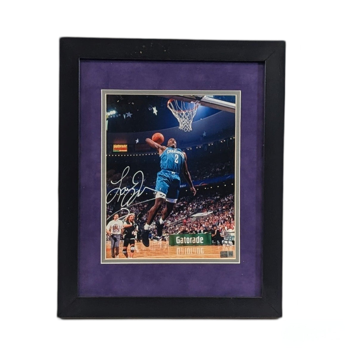 Larry Johnson Autographed Charlotte Hornets Dunking Vertical Framed 8X10 Steiner CX product image 1, provided for visual