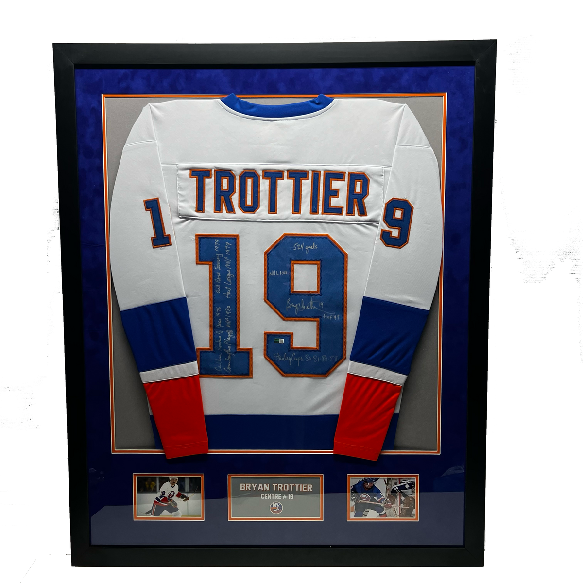 Bryan Trottier Autographed New York Islanders White Jersey "HOF 97, Stanley Cups 80 81 82 83, 524 Goals, NHL 100, Calder