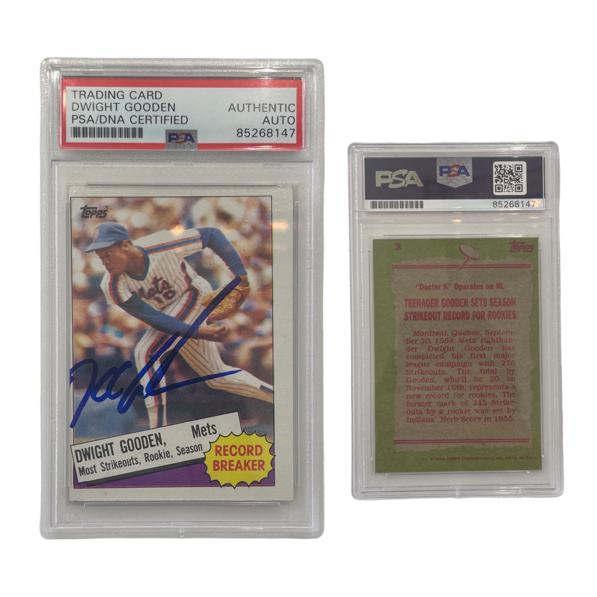 1985 Dwight Doc Gooden Topps Record Breaker #3 PSA Auto Authentic product image 1, provided for visual reference and product