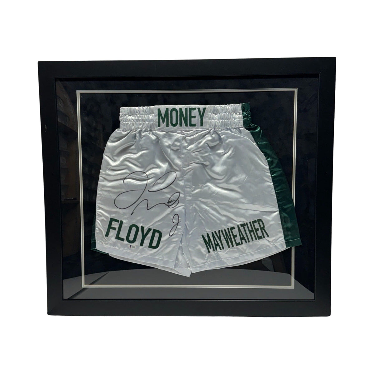 Floyd Mayweather Autographed Money Mayweather White/Green Boxing Trunks Beckett - Framed product image 1, provided for