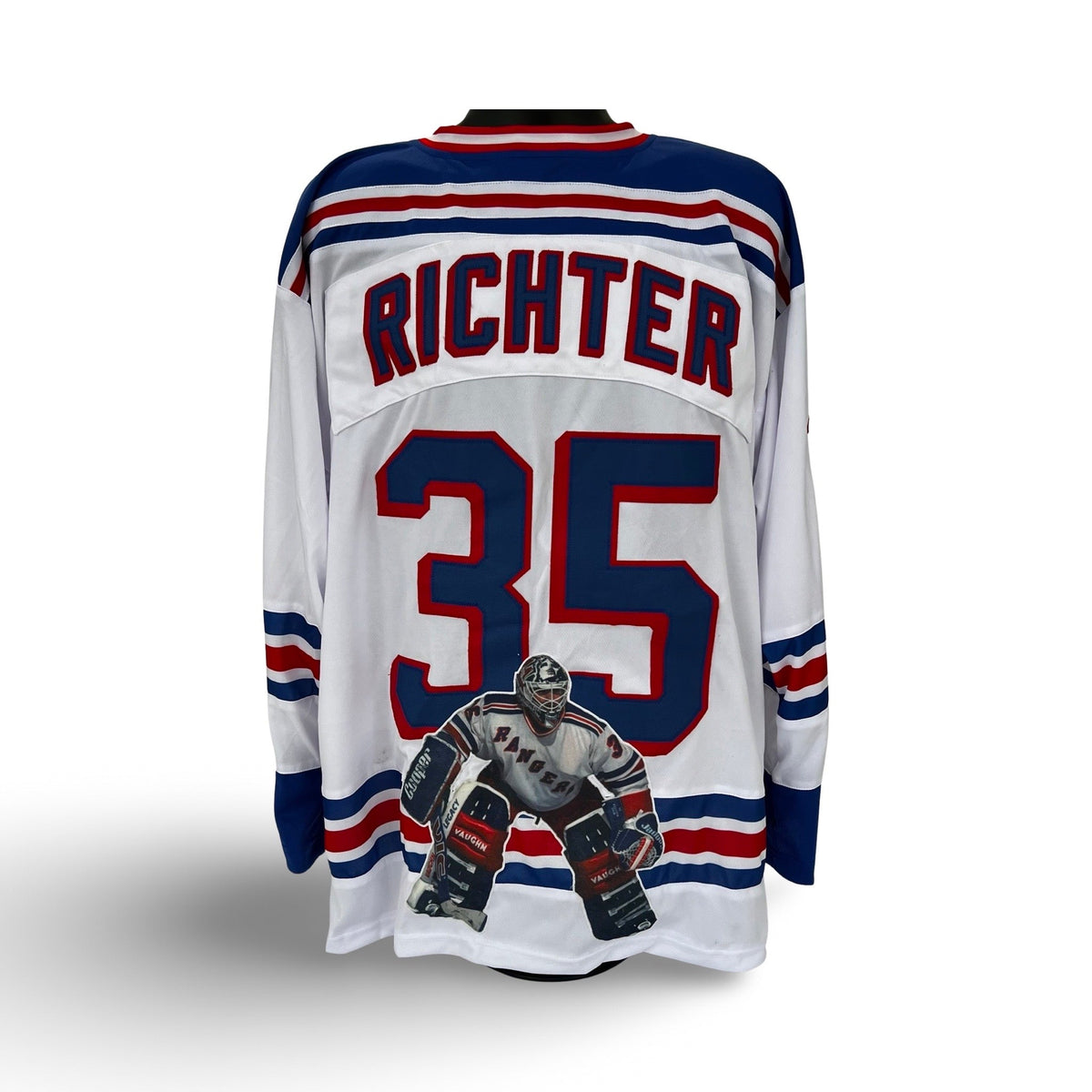 Mike Richter Unsigned New York Rangers White Custom Art Jersey product image 1, provided for visual reference and product