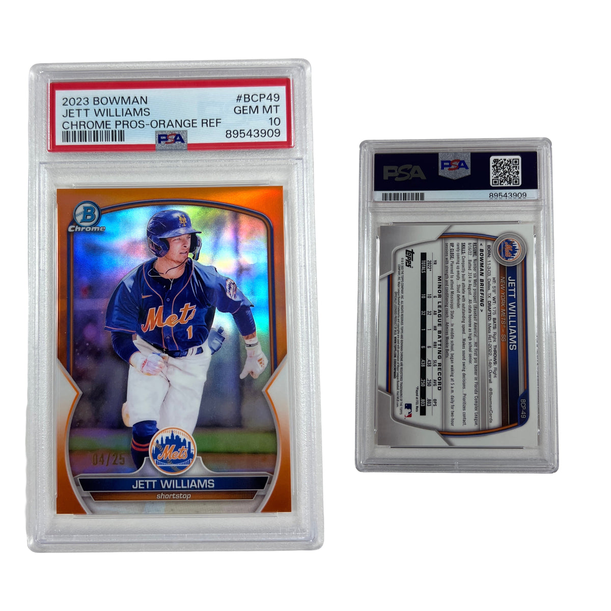 2023 Bowman Jett Williams Chrome Prospects Orange Refractor /25 #BCP49 PSA GEM MT 10 product image 1, provided for visual