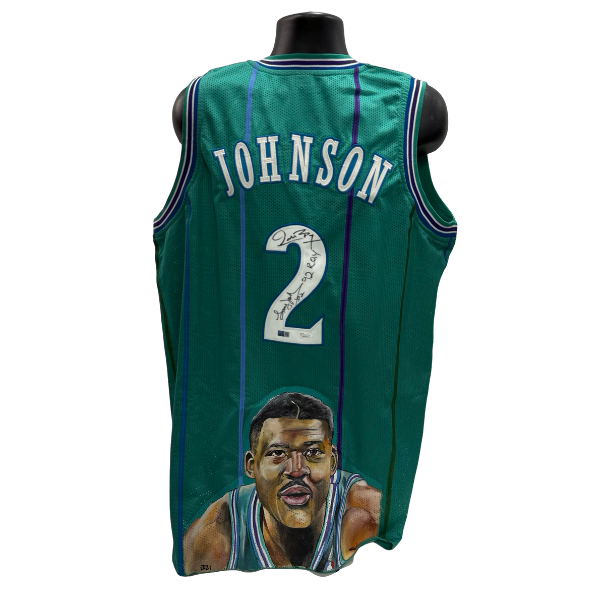 Larry Johnson & Muggsy Bogues Autographed Charlotte Hornets Art Jersey JSA product image 1, provided for visual reference