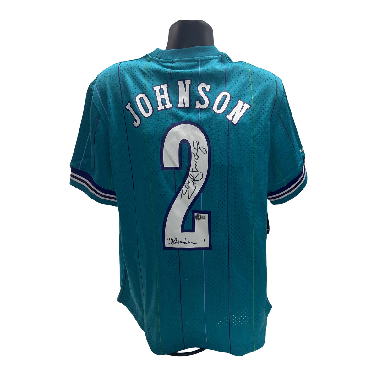 Larry Johnson Autographed Charlotte Hornets Teal Mitchell & Ness Sleeve Jersey Grandmama Inscription Beckett product image
