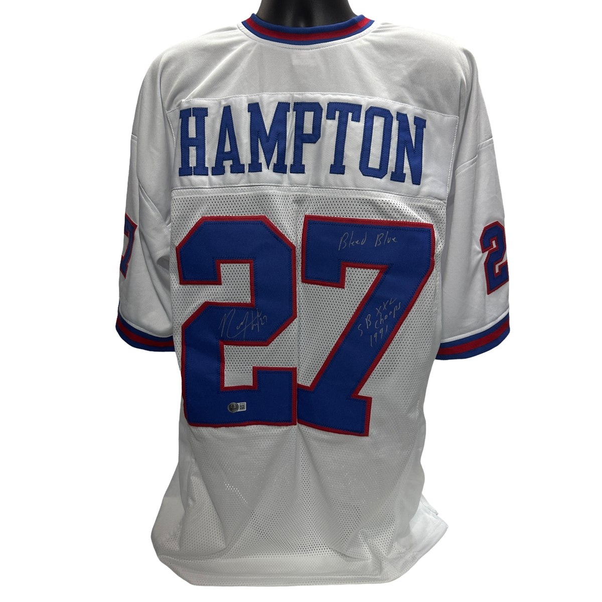 Rodney Hampton Autographed New York Giants "Bleed Blue, SB XXL Champs 1991" inscribed White Jersey Beckett BAS product image