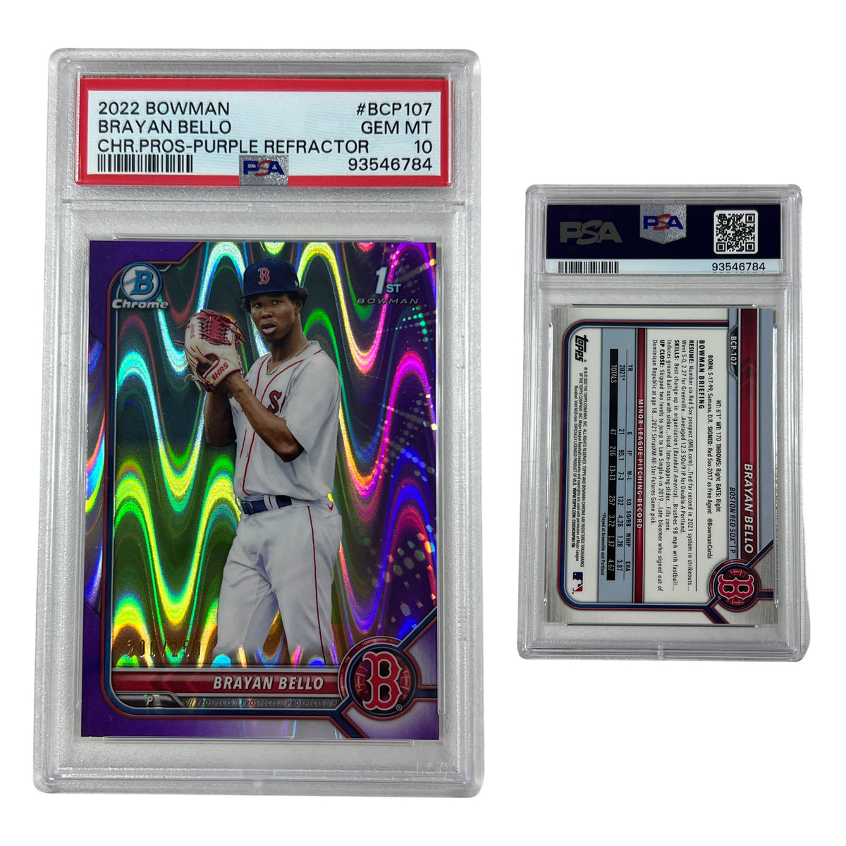 2022 Brayan Bello Bowman Chrome Prospects Purple Refractor /250 #BCP107 PSA MT 10 product image 1, provided for visual