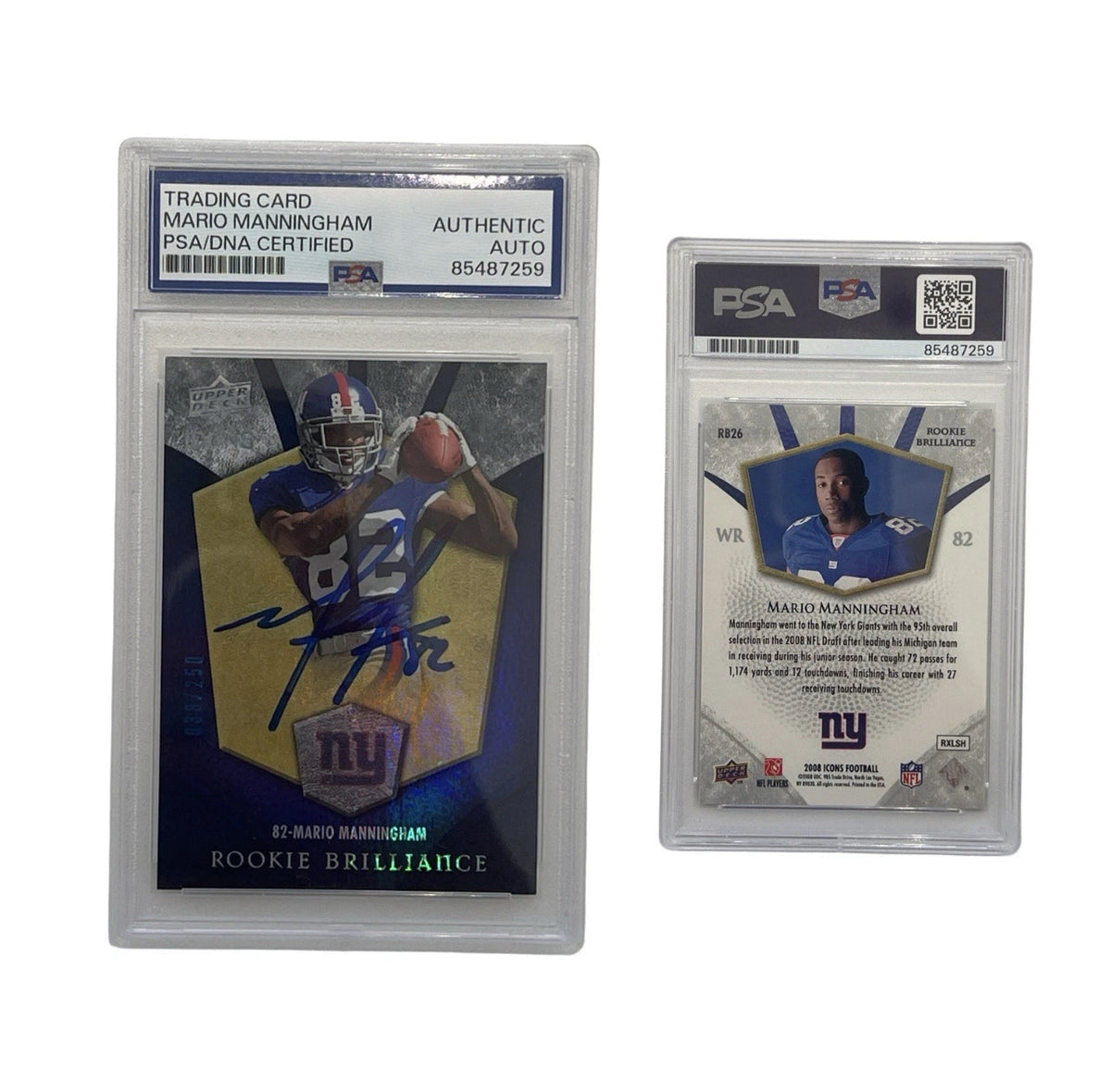 2008 Mario Manningham Autographed Upper Deck Icons Silver/038 RB26 PSA Auth Auto product image 1, provided for visual