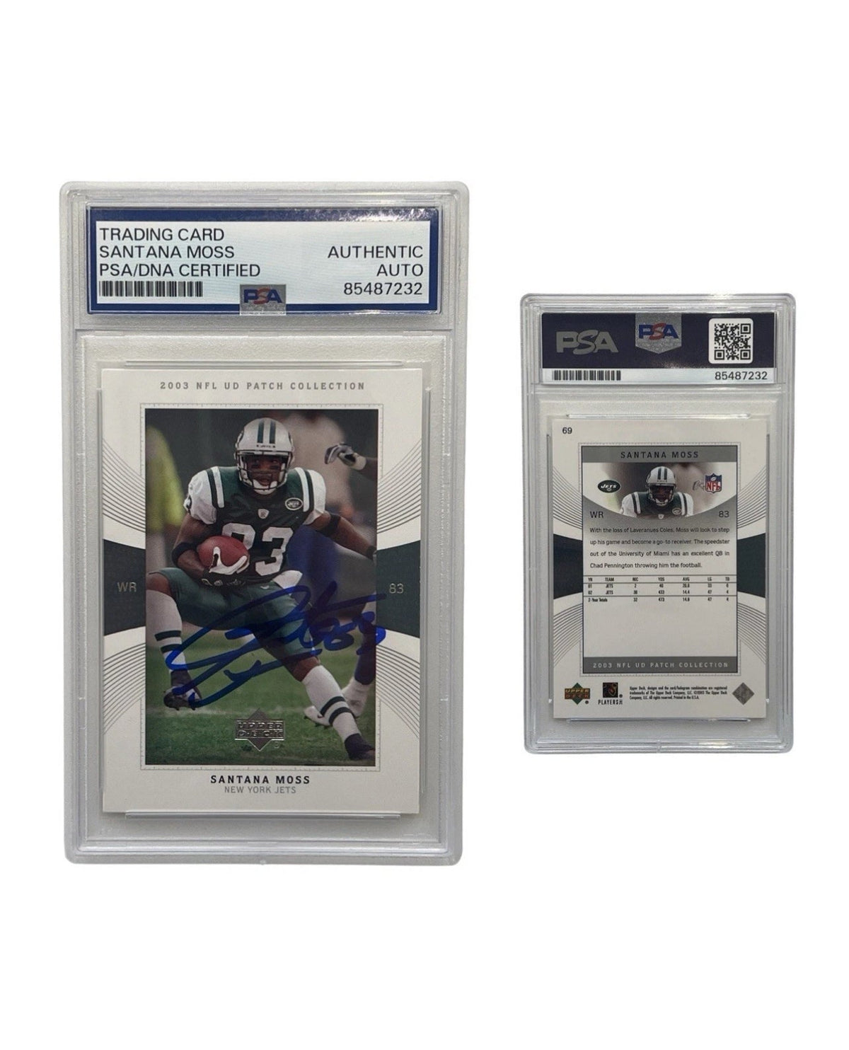 2003 Santana Moss Autographed UD Patch Collection Upper Deck #69 PSA Auth Auto product image 1, provided for visual
