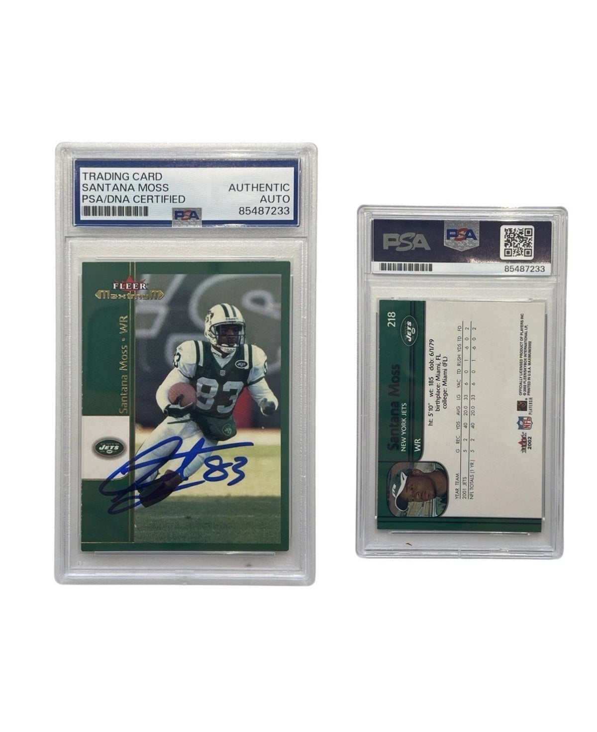 2002 Santana Moss Autographed Fleer #218 PSA Authentic Auto product image 1, provided for visual reference and product