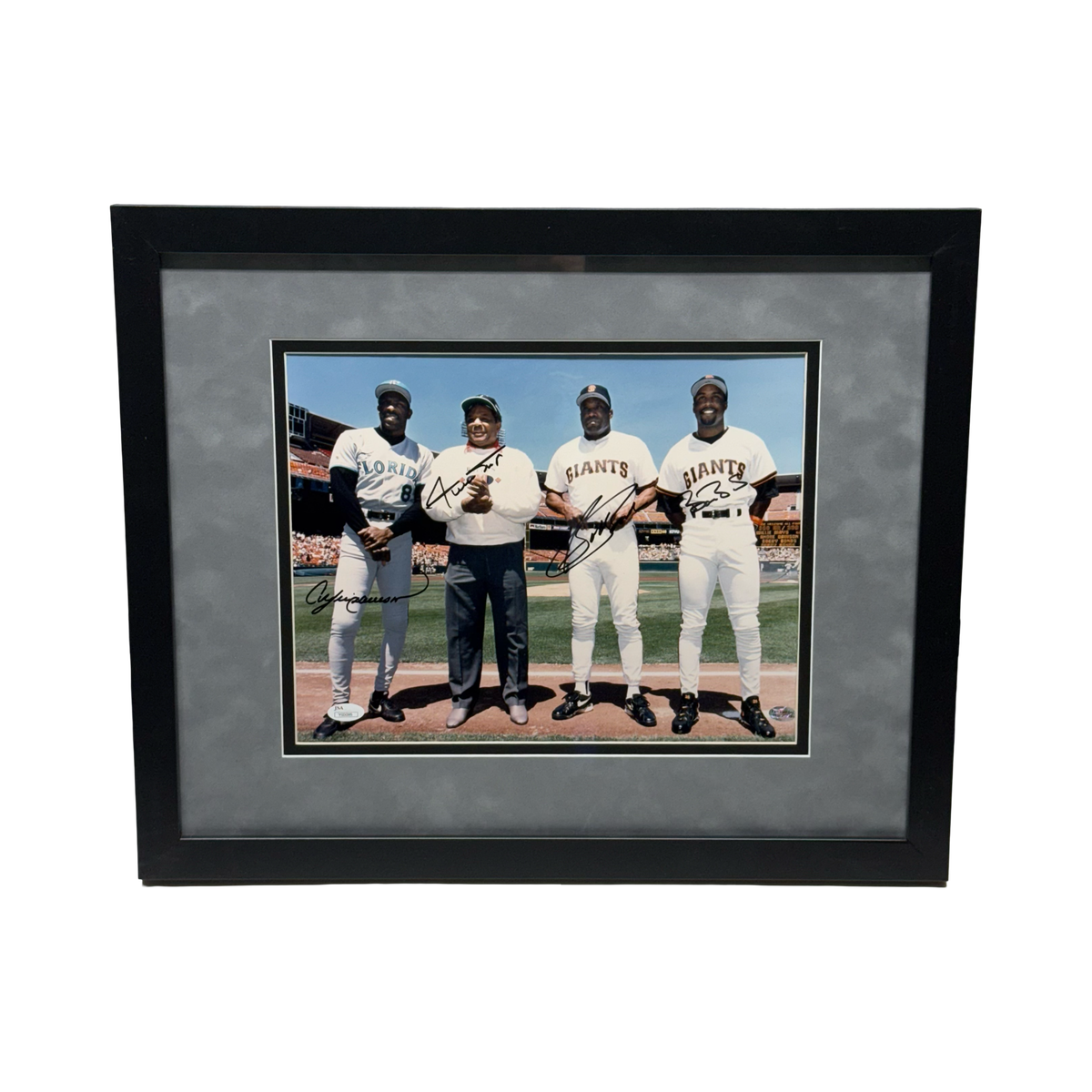 Willie Mays, Barry Bonds, Bobby Bonds & Andre Dawson Autographed 11x14 JSA - Framed product image 1, provided for visual