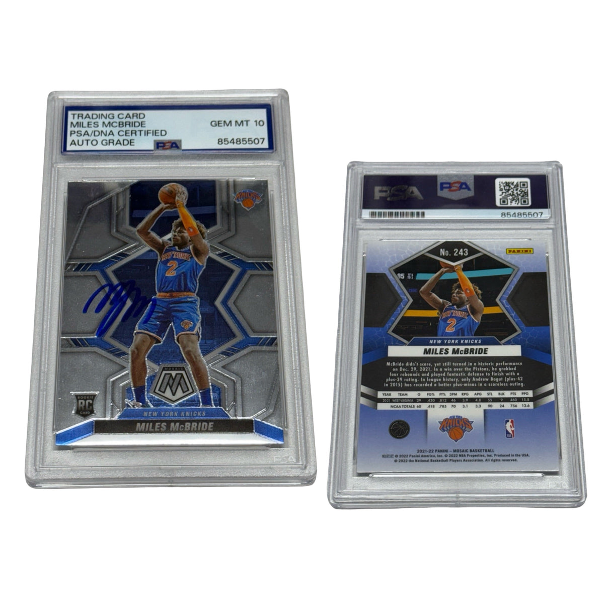 2021-22 Panini Mosaic #243 Miles McBride PSA Auto Authentic GEM MT 10 product image 1, provided for visual reference and