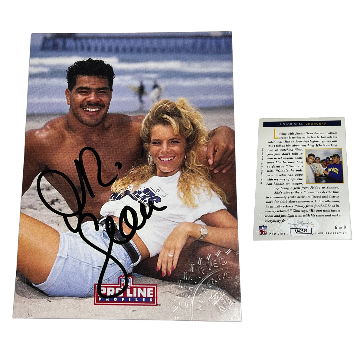 Junior Seau 1992 Pro Line Profiles Autographed Card JSA product image 1, provided for visual reference and product detail