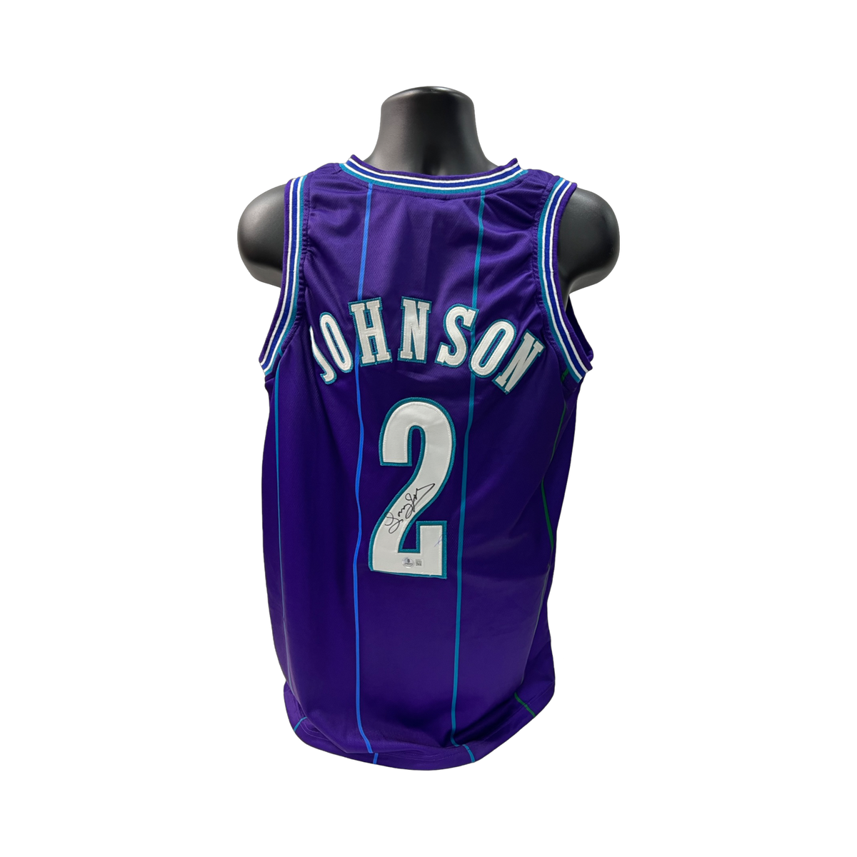 Larry Johnson Autographed Charlotte Hornets Purple Jersey Beckett product image 1, provided for visual reference and product