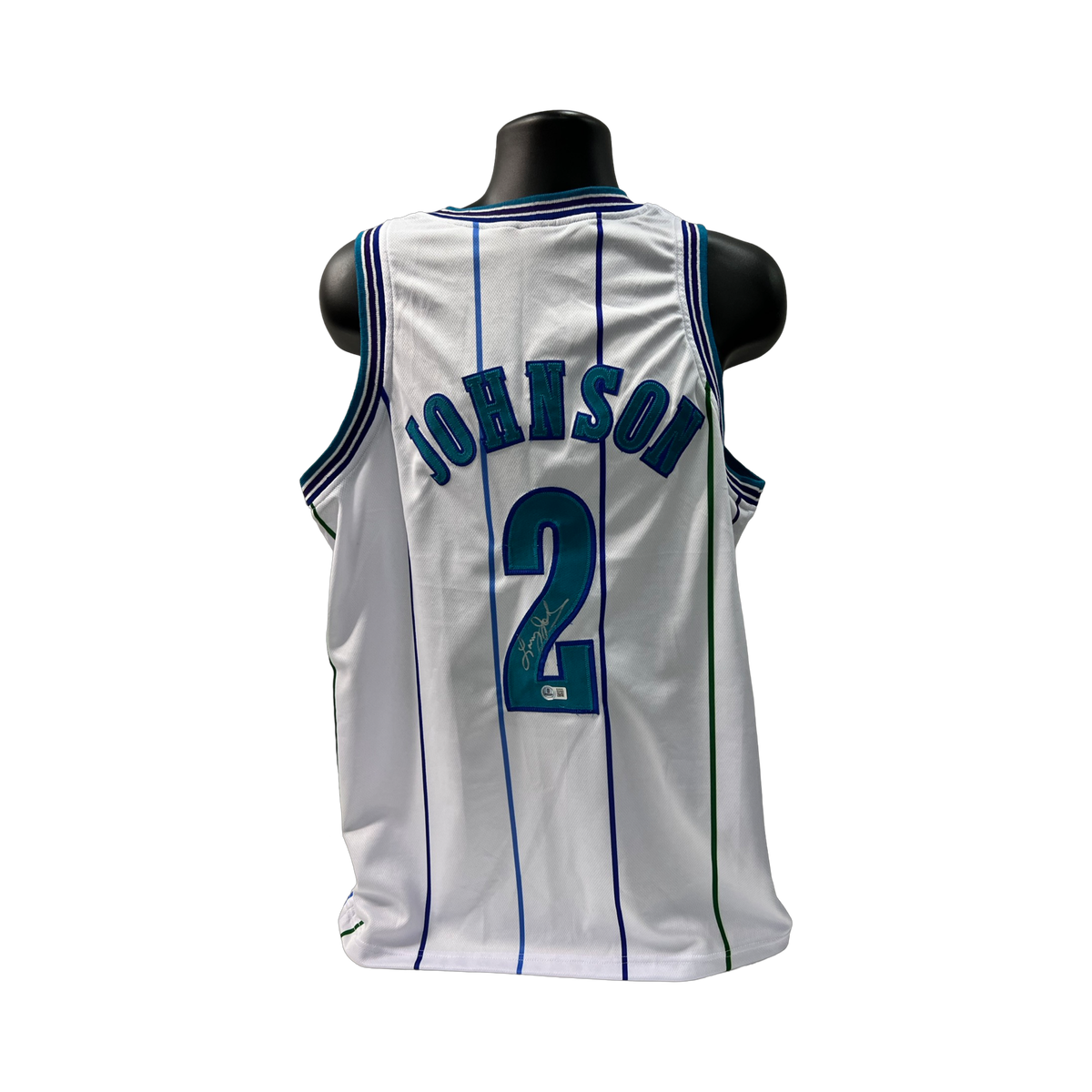Larry Johnson Autographed Charlotte Hornets White Jersey Beckett product image 1, provided for visual reference and product