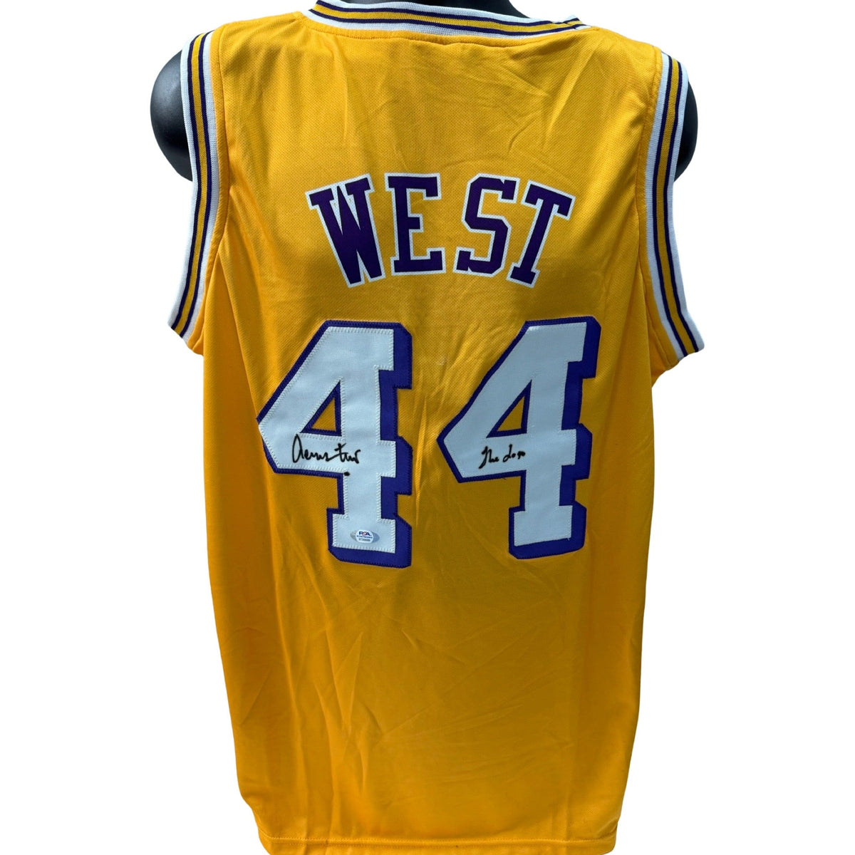 Jerry West Autographed Los Angeles Lakers Yellow Jersey The Logo Inscription PSA product image 1, provided for visual