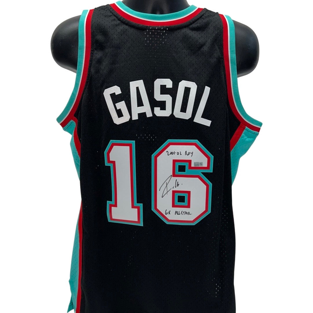 Pau Gasol Autographed Memphis Grizzlies Black 2001-02 Mitchell & Ness Swingman Jersey 2001-02 ROY, 6x All Star Inscriptions
