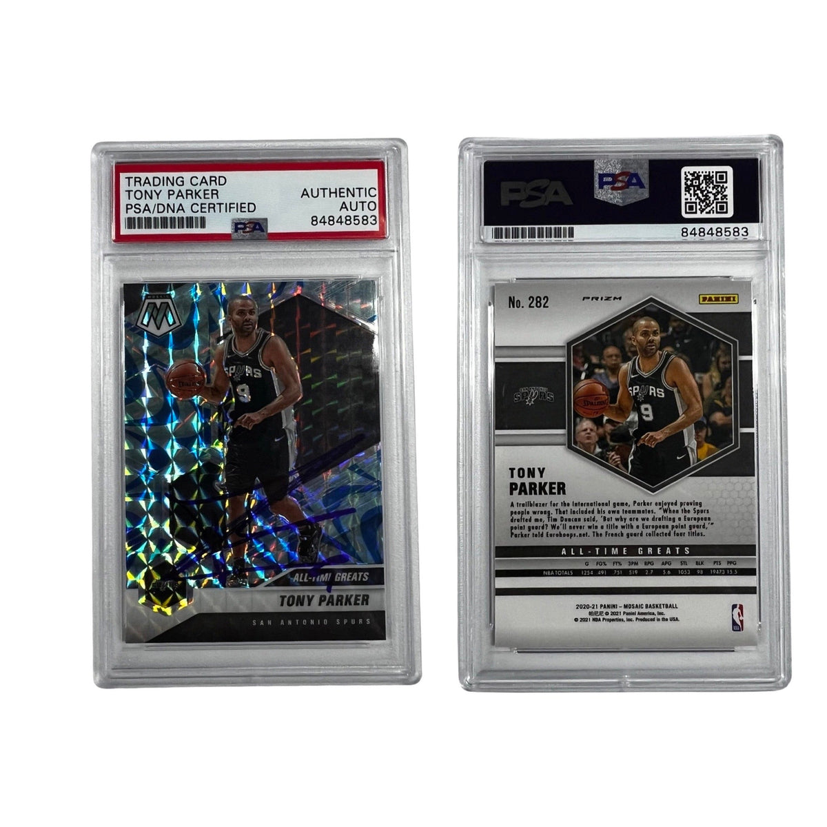 2020-21 Tony Parker Autographed Panini Mosaic Blue Reactive All Time Greats #282 PSA Auto Authentic product image 1,