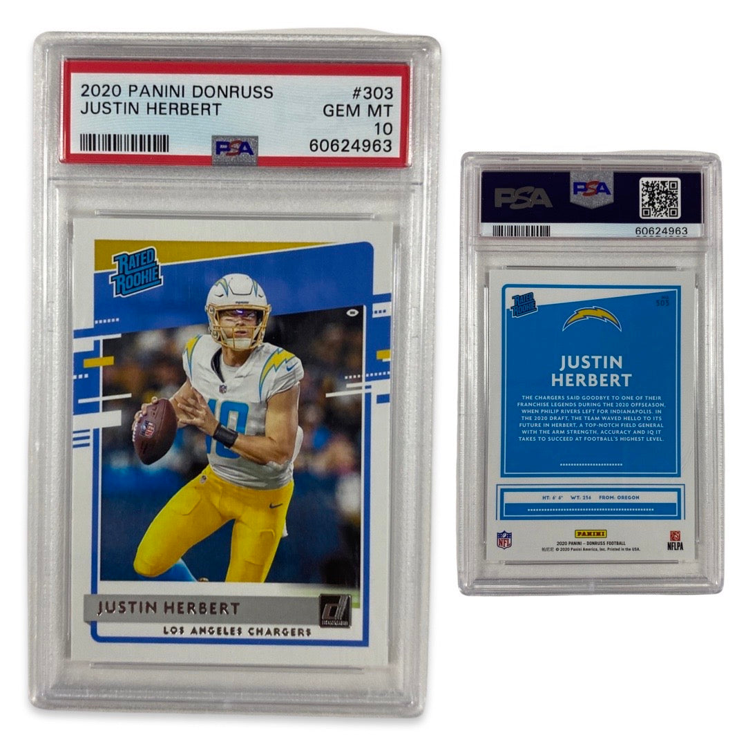 2020 Justin Herbert Panini Donruss Rated Rookie #303 PSA GEMMNT 10 product image 1, provided for visual reference and