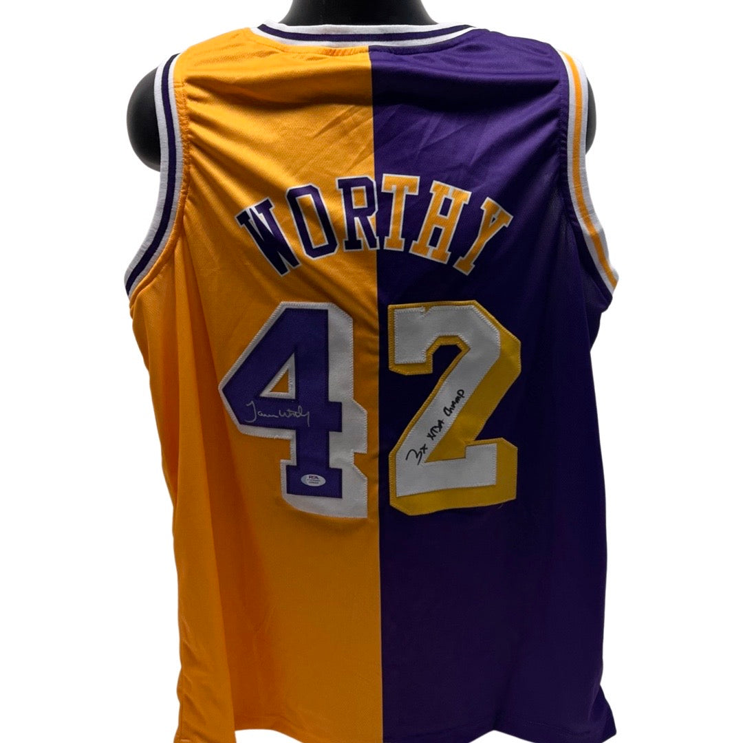 James Worthy Autographed Los Angeles Lakers Yellow/Purple Split Jersey 3x NBA Champ Inscription PSA product image 1,