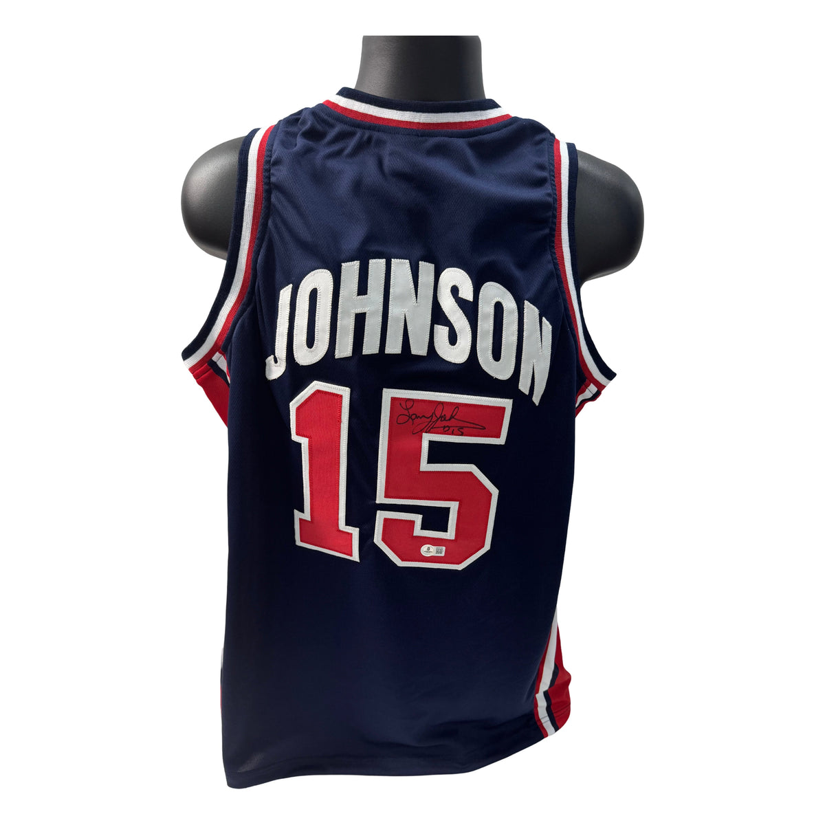 Larry Johnson Autographed USA Navy Blue Jersey Beckett product image 1, provided for visual reference and product detail