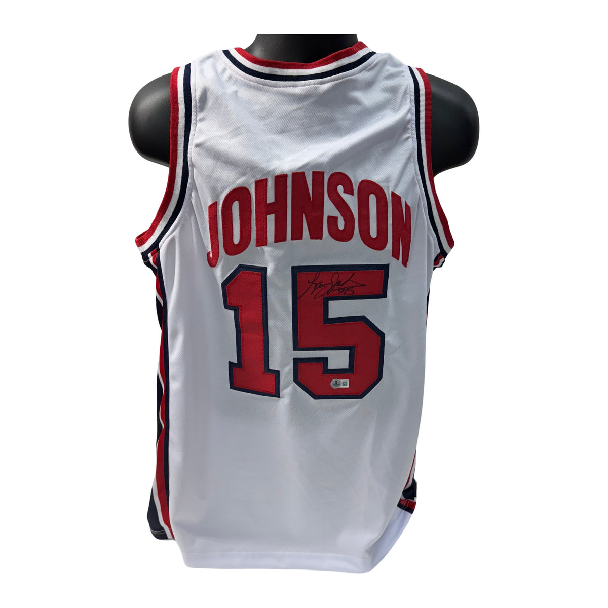 Larry Johnson Autographed USA White Jersey Beckett product image 1, provided for visual reference and product detail review