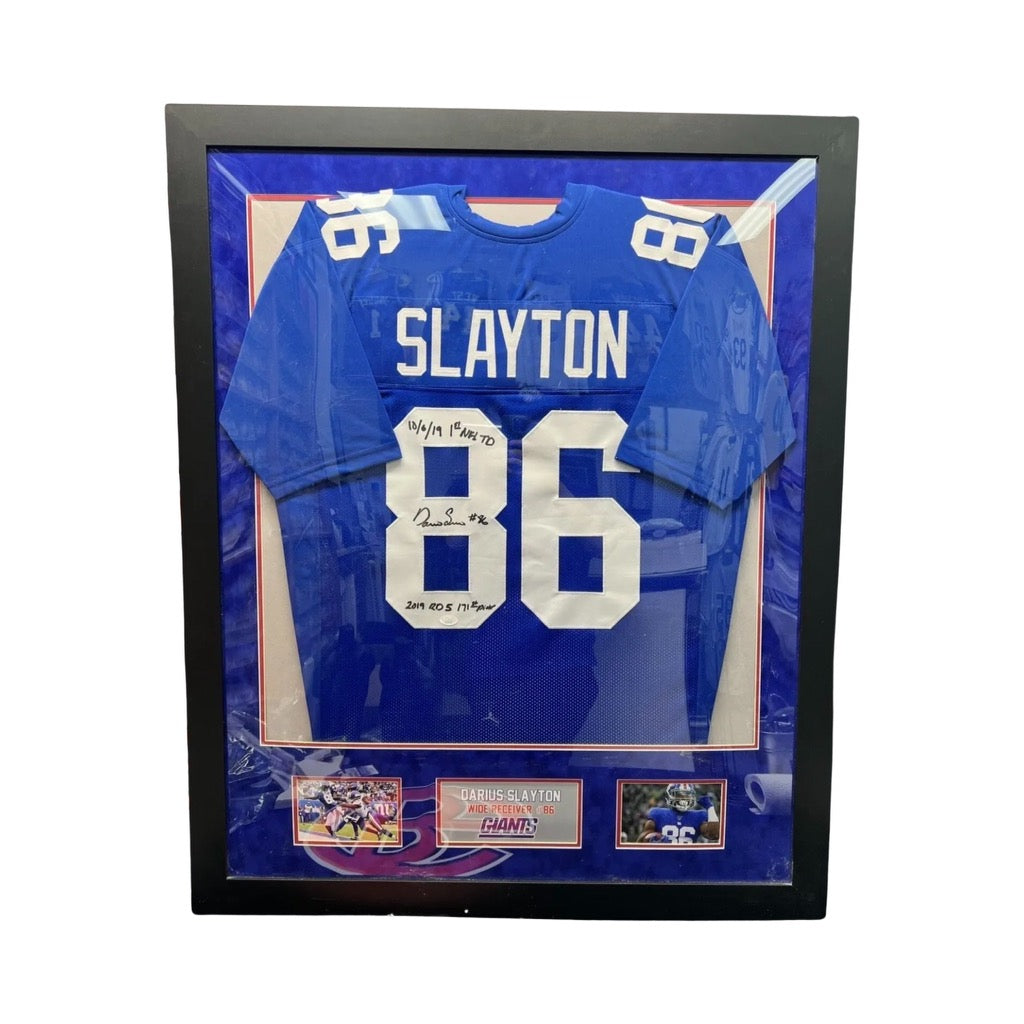 Darius Slayton Autographed New York Giants Framed Blue Jersey 10/6/19 1st NFL TD, 2019 Rd 5 171st Pick Inscriptions JSA