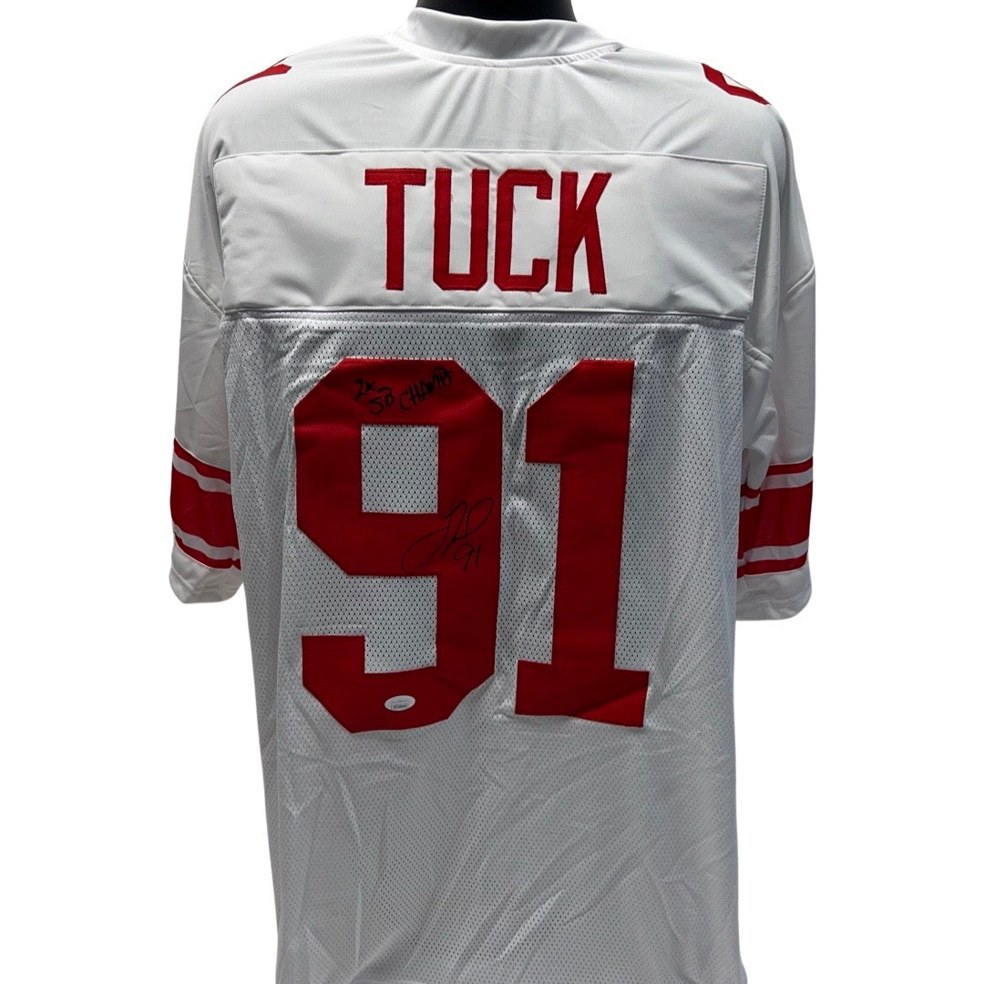 Justin Tuck Autographed New York Giants White Jersey 2x SB Champs Inscription JSA product image 1, provided for visual