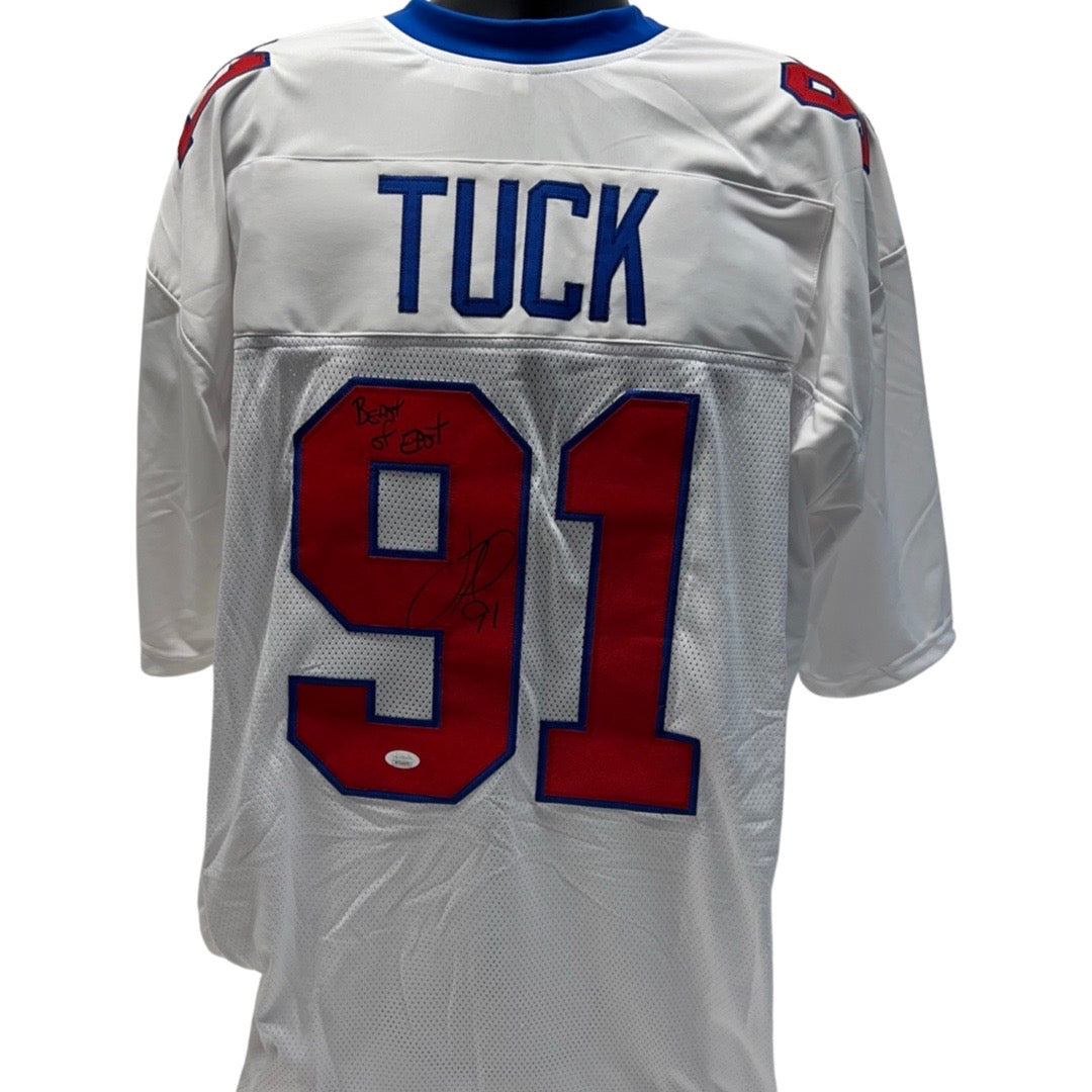 Justin Tuck Autographed New York Giants White/Red Jersey Beast of East Inscription JSA product image 1, provided for visual