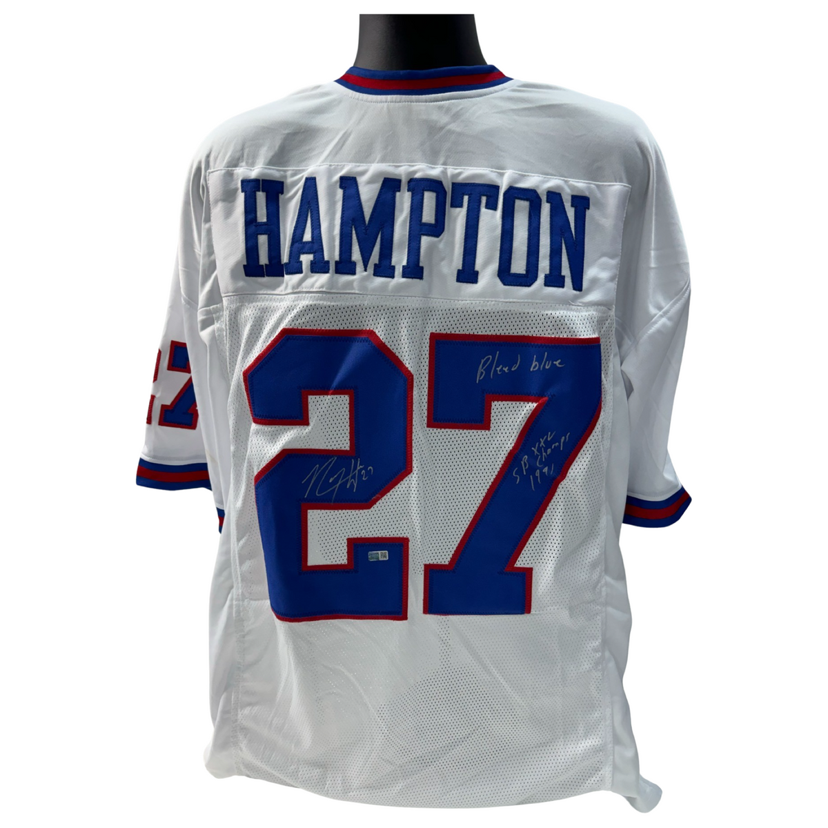 Rodney Hampton Autographed New York Giants White Jersey Bleed Blue, SB XXV Champs 1991 Inscriptions Steiner CX product image