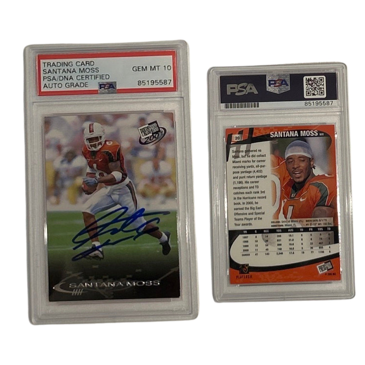 2001 Santana Moss Press Pass #20 PSA GEM MT 10 Auto product image 1, provided for visual reference and product detail review