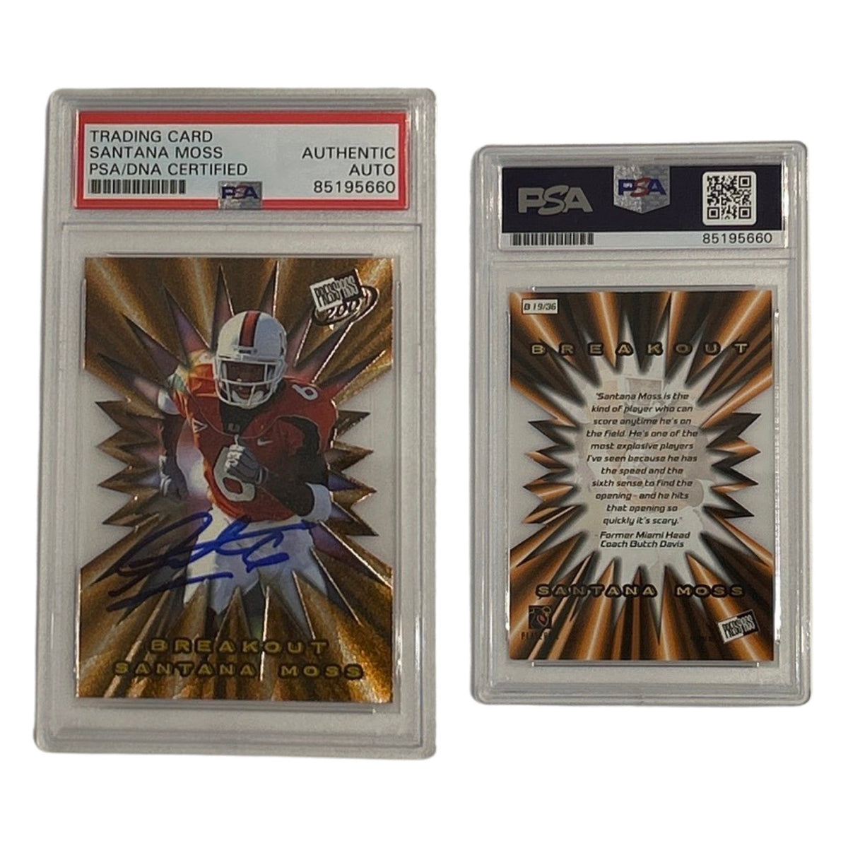 2001 Santana Moss Press Pass Breakout #B19 PSA Authentic Auto product image 1, provided for visual reference and product