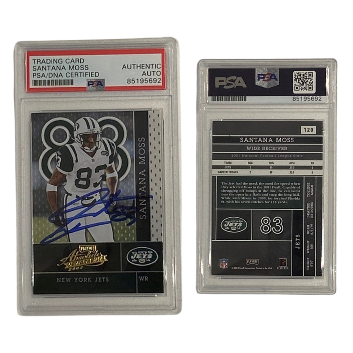 2002 Santana Moss Playoff Absolute #120 PSA Authentic Auto product image 1, provided for visual reference and product detail