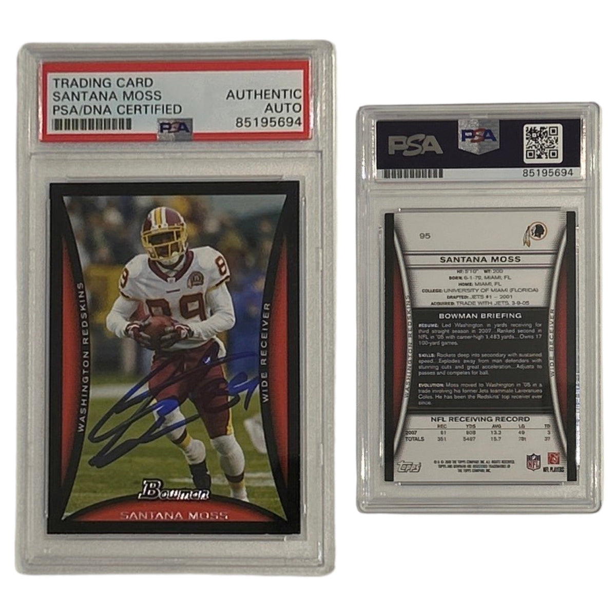 2008 Santana Moss Bowman #95 PSA Authentic Auto product image 1, provided for visual reference and product detail review