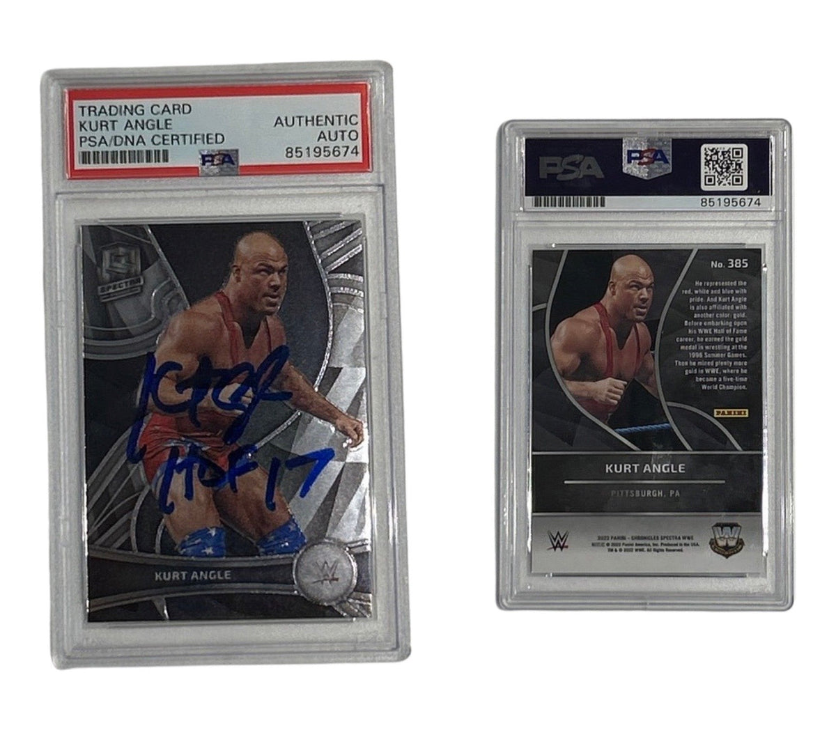 2022 Kurt Angle Autographed WWE Panini Spectra #385 "HOF 17" Inscription PSA Auto Authentic product image 1, provided for