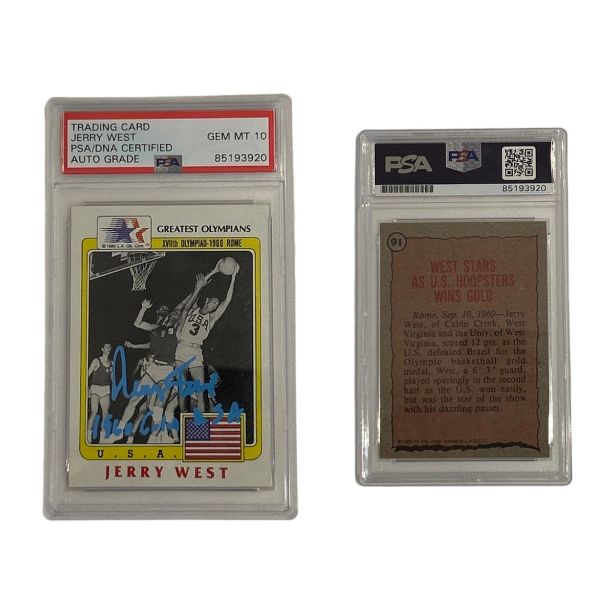 1983 Jerry West Greatest Olympians USA Basketball Card #91 Autographed 1960 Gold USA Inscription PSA GEM MT 10 Auto product