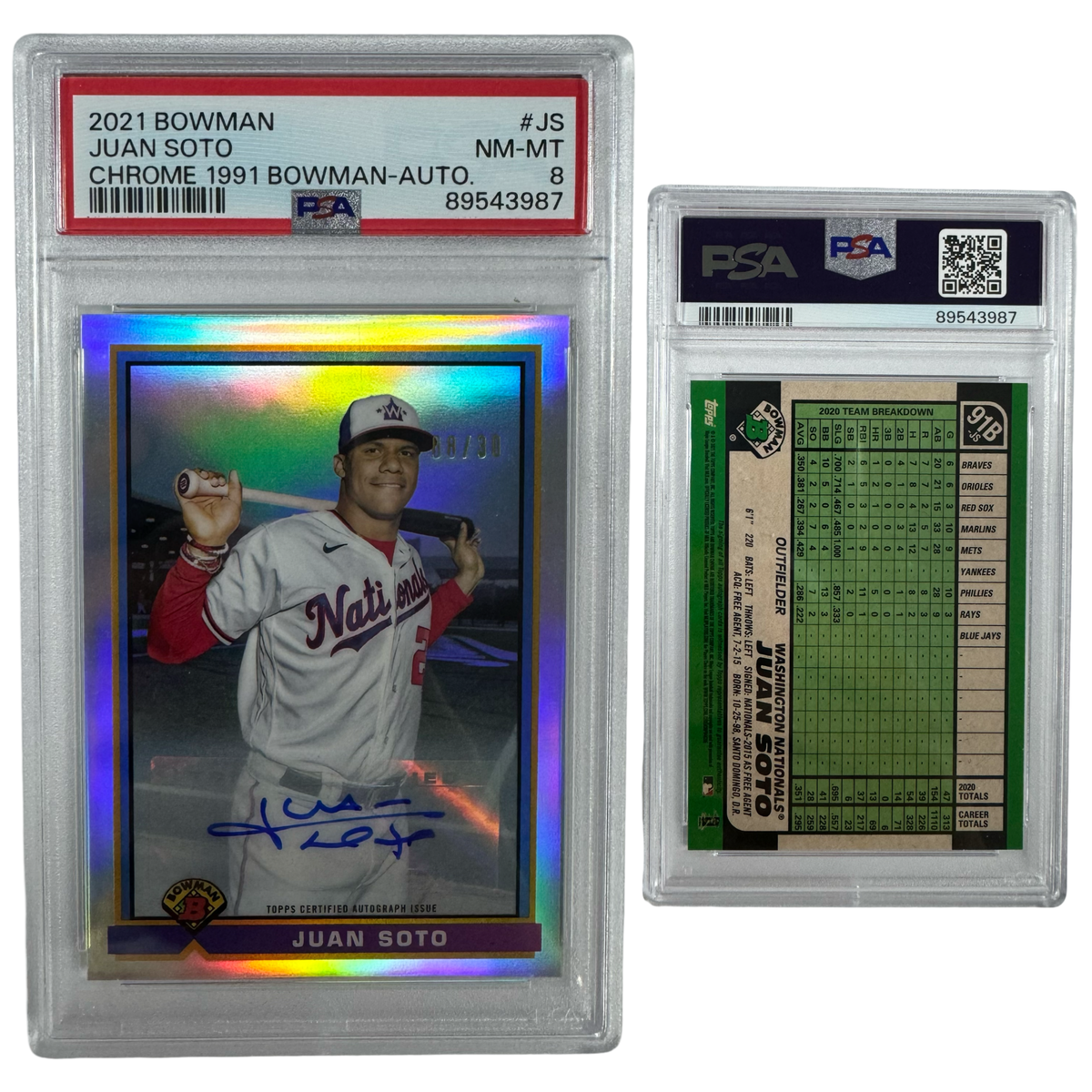 2021 Juan Soto Autographed Bowman Chrome 1991 Bowman /30 #JS PSA NM-MT 8 product image 1, provided for visual reference and