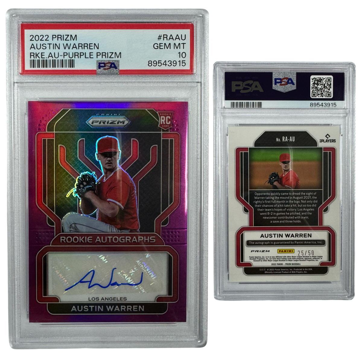 2022 Austin Warren Autographed Panini Prizm Rookie Purple Prizm /50 #RAAU PSA GEM MT 10 product image 1, provided for visual