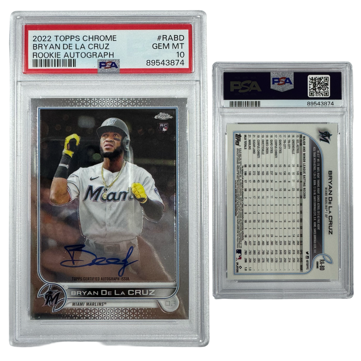 2022 Bryan De La Cruz Autographed Topps Chrome Rookie #RABD PSA GEM MT 10 product image 1, provided for visual reference and