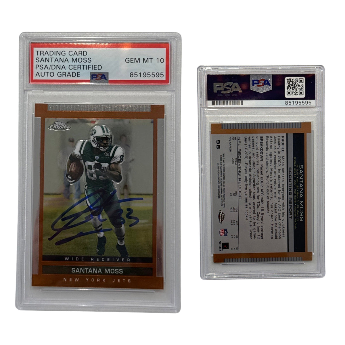 2003 Santana Moss Autographed Topps Chrome #98 PSA Auto GEM MT 10 product image 1, provided for visual reference and product