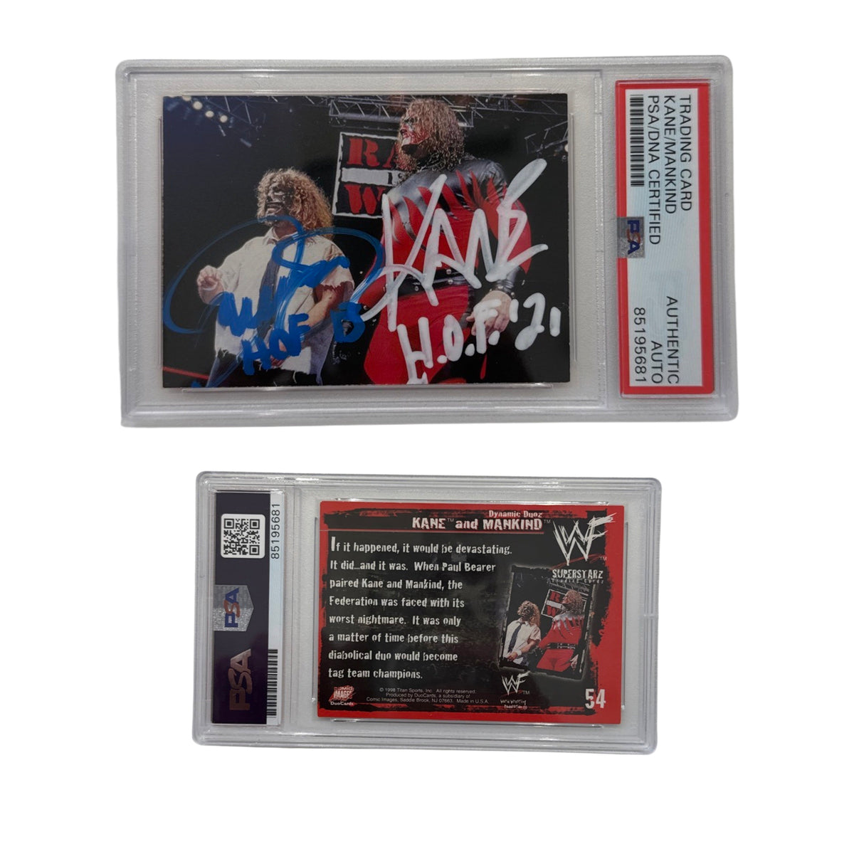 1998 Kane and Mankind WWF #54 Dual Auto "HOF 13" "H.O.F.21" Inscriptions PSA Authentic Auto product image 1, provided for
