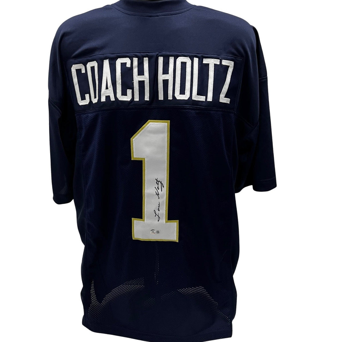 Lou Holtz Notre Dame Autographed Navy "Coach Holtz #1" Jersey Beckett product image 1, provided for visual reference and