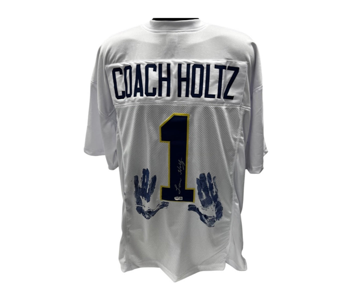 Lou Holtz Notre Dame Autographed White "Coach Holtz #1" Handprint Jersey Beckett product image 1, provided for visual
