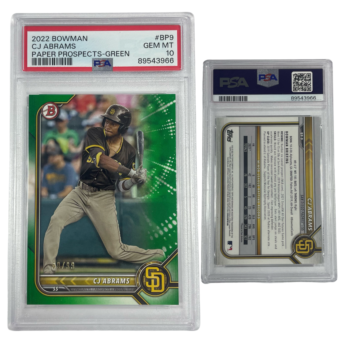 2022 CJ Abrams Bowman Paper Prospects Green /99 #BP9 PSA GEM MT 10 product image 1, provided for visual reference and